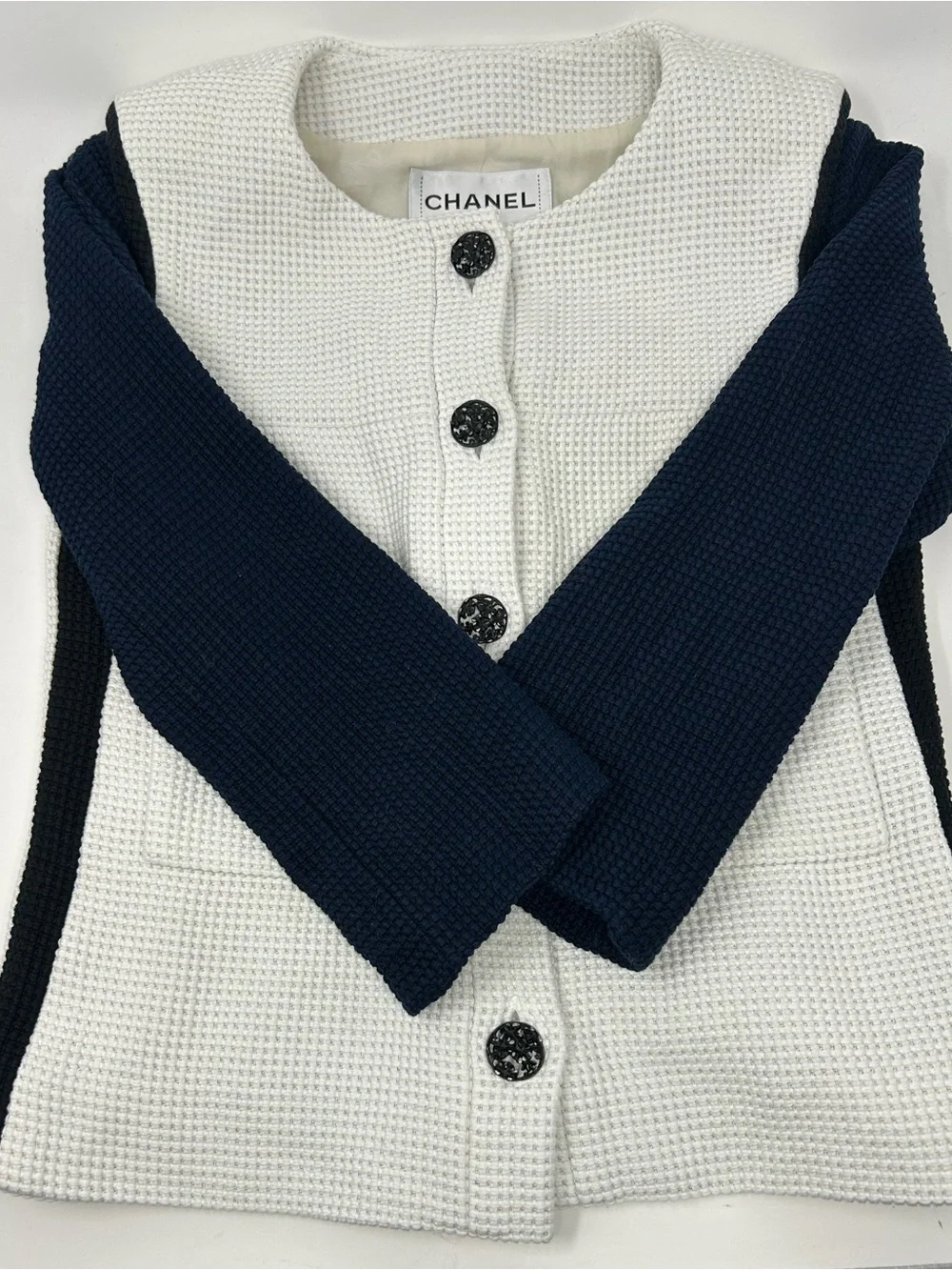 CHANEL Two-Tone Waffle Knit Button Jacket - White Navy Black